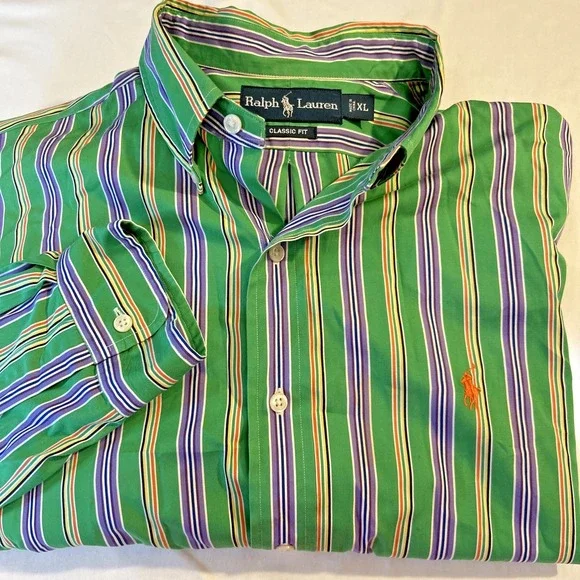 Ralph Lauren Classic-Fit  Long Sleeve Woven Shirt Striped Green‎ Orange Size-XL - Picture 2 of 7